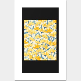 Golden yellow watercolor floral - soft banana yellow background Posters and Art